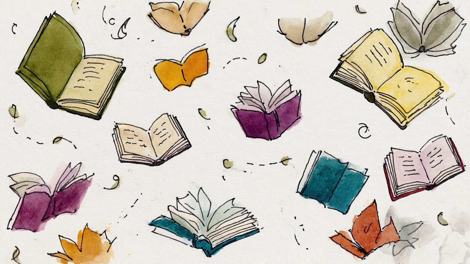 Ilustración en acuarela de pequeños libros de colores volando como hojas